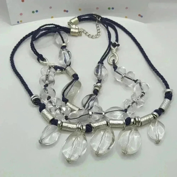 Chicos three strand choker necklace acrylic plastic bead blue cord silver thread - Picture 5 of 6